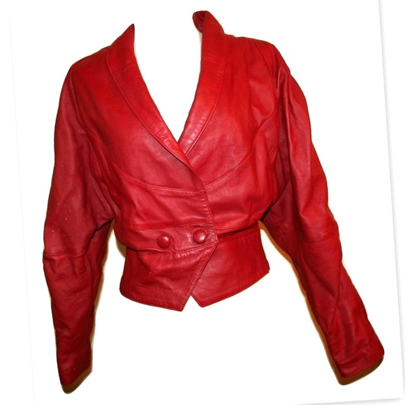Vintage Jackets & Blazers - 1980s Red Leather Cropped Vintage Jacket